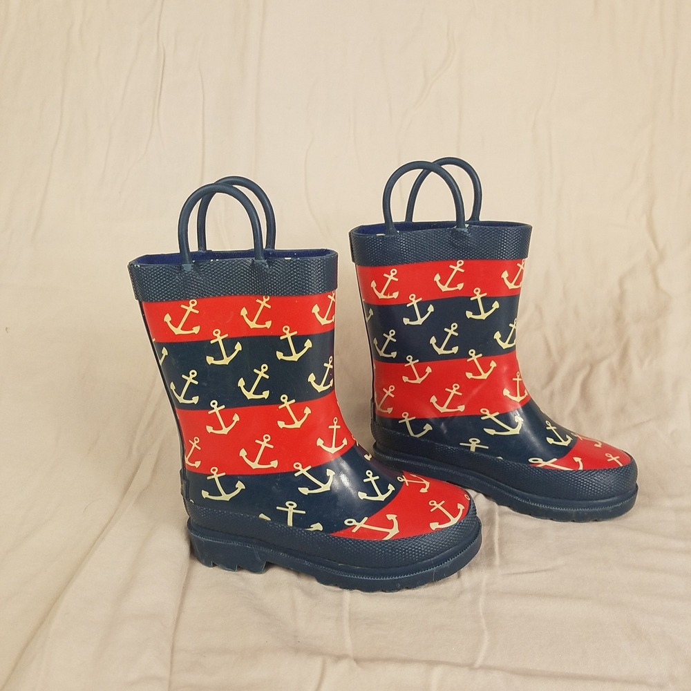 Lily & Dan Kids Nautical Anchor Striped Rubber Rain Boots Red Navy Blue Size 7/8